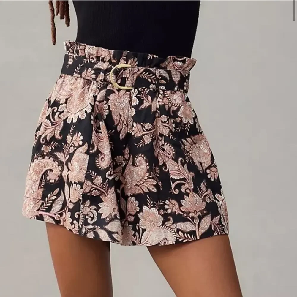 NWT Kivari Layla Black Paisley Linen High Waisted Paperbag Belted Shorts